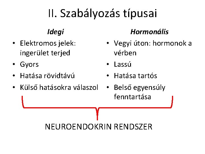 II. Szabályozás típusai • • Idegi Elektromos jelek: ingerület terjed Gyors Hatása rövidtávú Külső II. Szabályozás típusai • • Idegi Elektromos jelek: ingerület terjed Gyors Hatása rövidtávú Külső