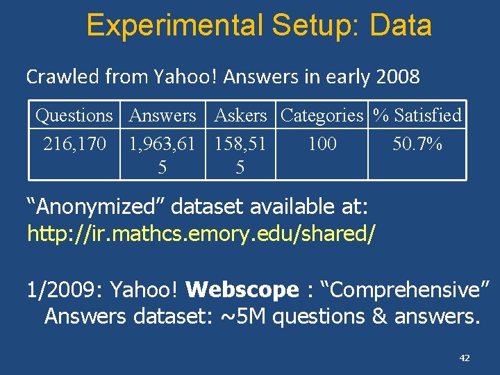 Experimental Setup: Data Crawled from Yahoo! Answers in early 2008 Questions Answers Askers Categories