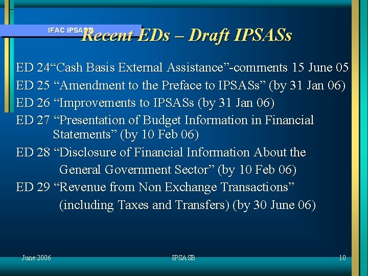 Recent EDs – Draft IPSASs IFAC IPSASB ED 24“Cash Basis External Assistance”-comments 15 June