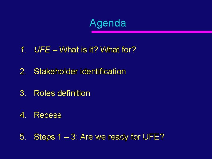 Agenda 1. UFE – What is it? What for? 2. Stakeholder identification 3. Roles