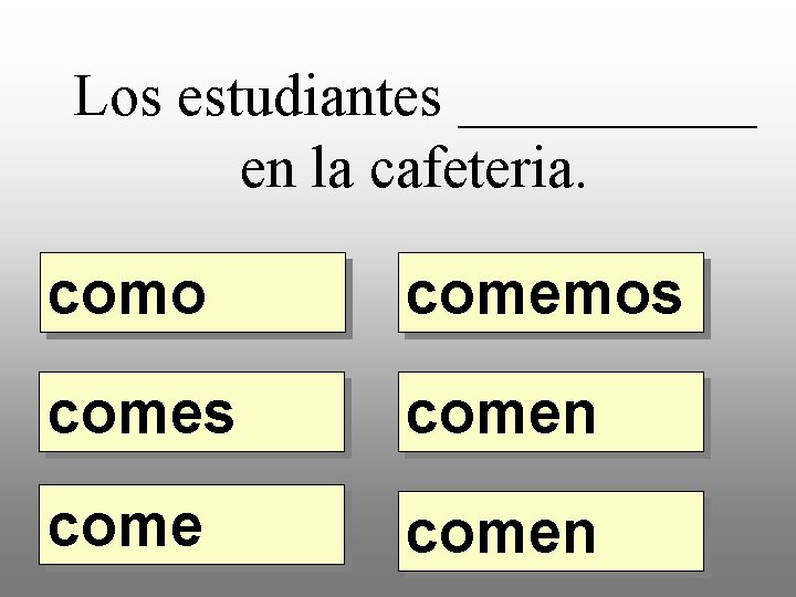 Los estudiantes _____ en la cafeteria. como comemos comen 