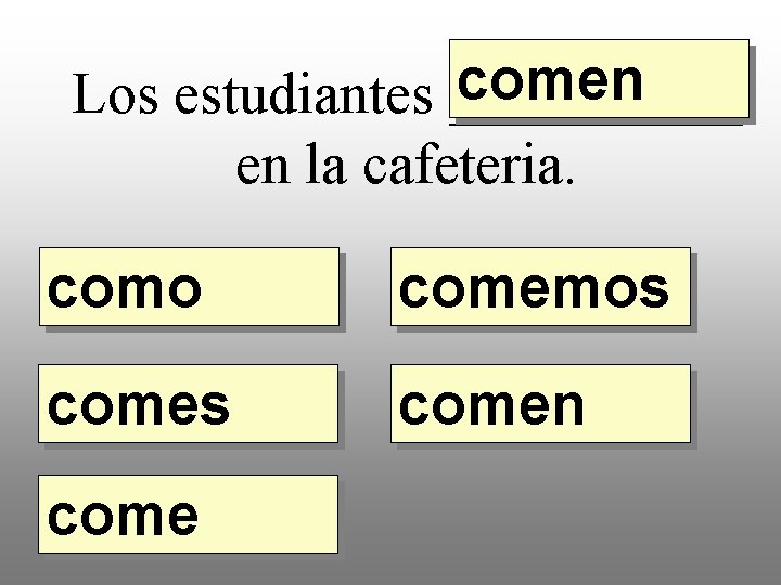 comen Los estudiantes _____ en la cafeteria. como comemos comen come 