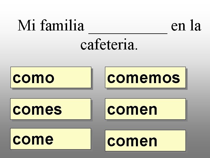 Mi familia _____ en la cafeteria. como comemos comen 