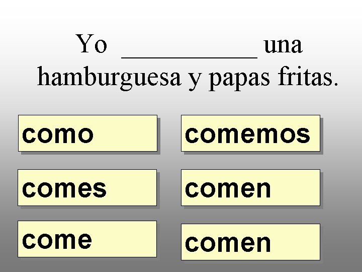 Yo _____ una hamburguesa y papas fritas. como comemos comen 