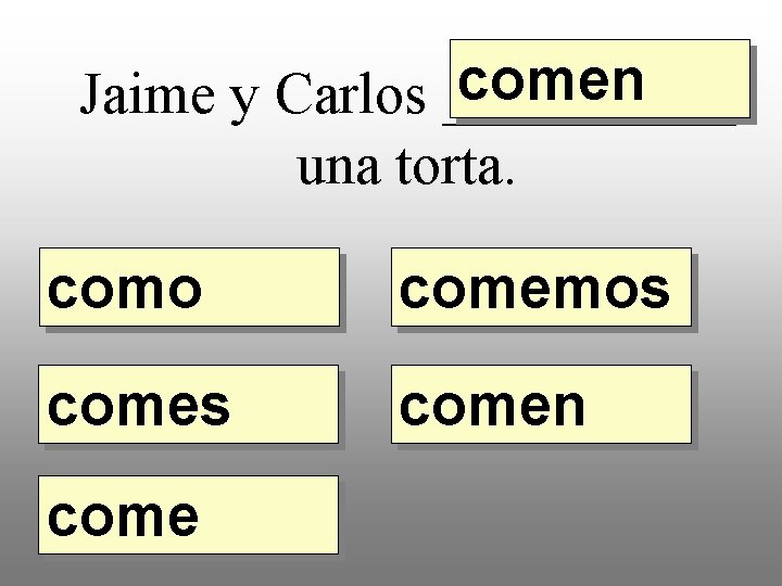 comen Jaime y Carlos _____ una torta. como comemos comen come 