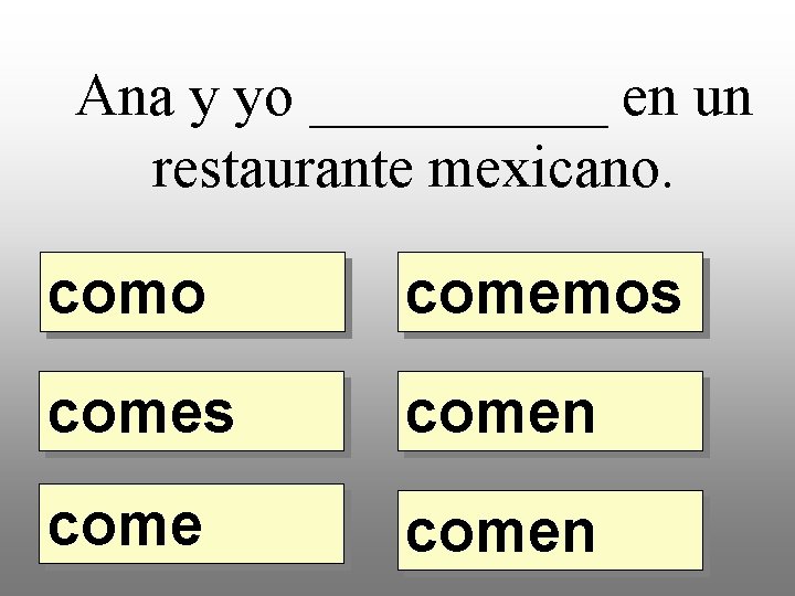 Ana y yo _____ en un restaurante mexicano. como comemos comen 
