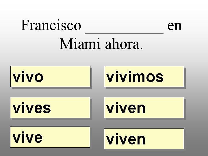 Francisco _____ en Miami ahora. vivo vivimos viven 