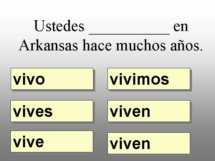 Ustedes _____ en Arkansas hace muchos años. vivo vivimos viven 