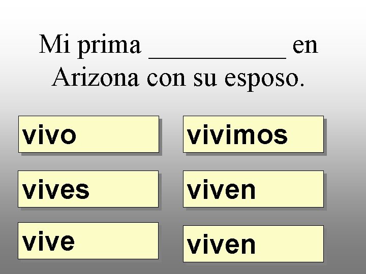 Mi prima _____ en Arizona con su esposo. vivo vivimos viven 