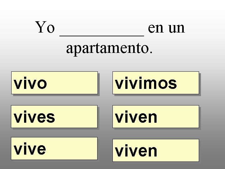 Yo _____ en un apartamento. vivo vivimos viven 