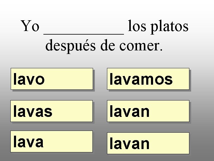 Yo _____ los platos después de comer. lavo lavamos lavan 