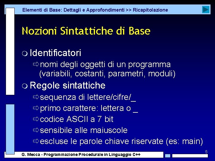 Elementi di Base: Dettagli e Approfondimenti >> Ricapitolazione Nozioni Sintattiche di Base m Identificatori