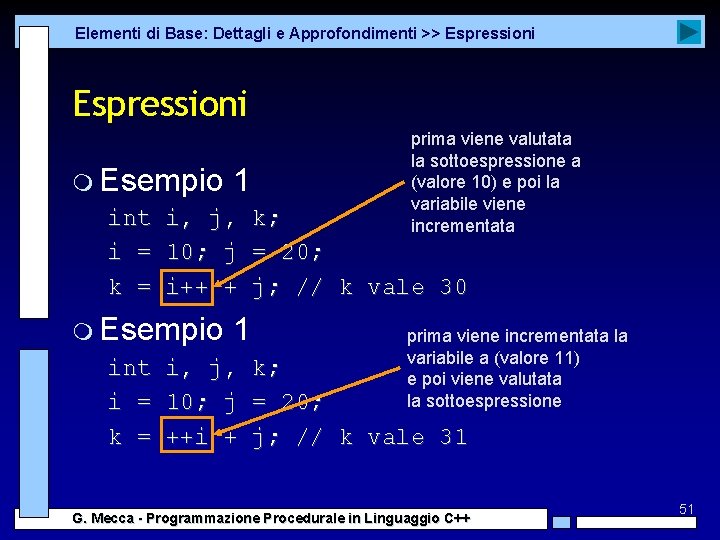 Elementi di Base: Dettagli e Approfondimenti >> Espressioni m Esempio 1 int i, j,