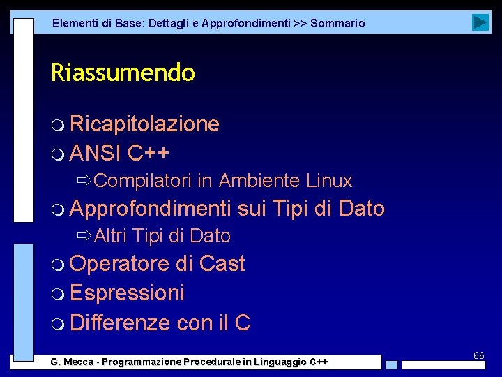 Elementi di Base: Dettagli e Approfondimenti >> Sommario Riassumendo m Ricapitolazione m ANSI C++