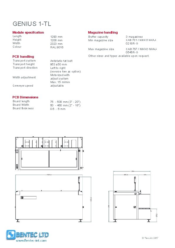 GENIUS 1 -TL Magazine handling Module specifcation Length Height Width Colour 1290 mm 1208