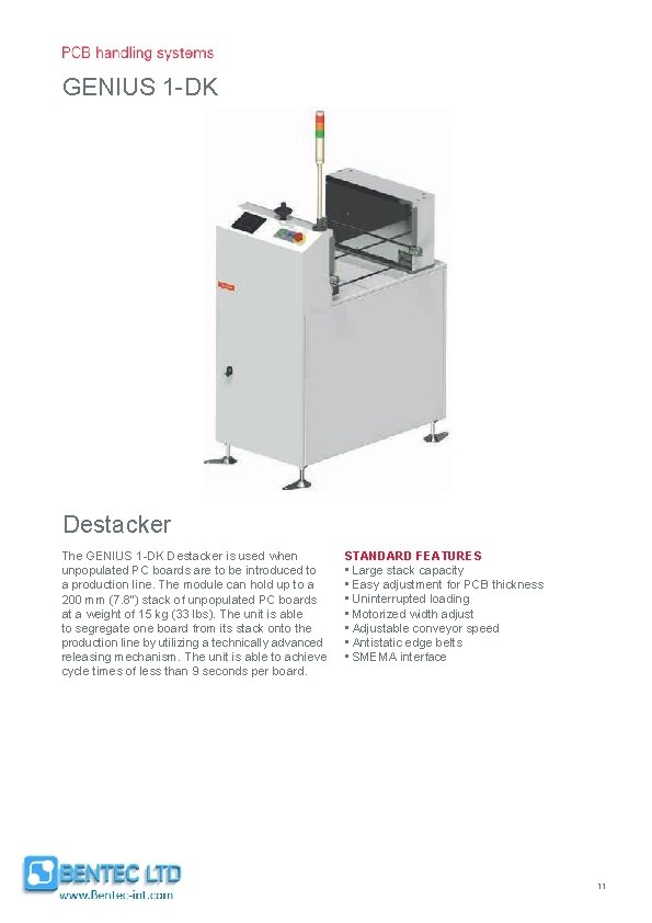 GENIUS 1 -DK Destacker The GENIUS 1 -DK Destacker is used when unpopulated PC