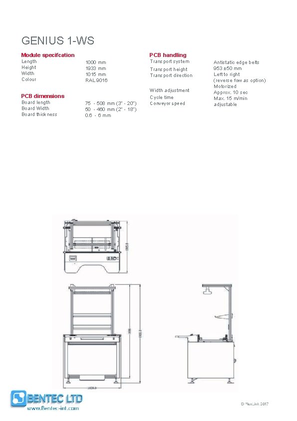 GENIUS 1 -WS PCB handling Module specifcation Length Height Width Colour 1000 mm 1933