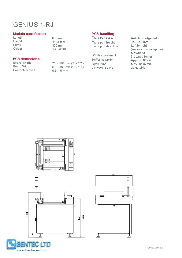 GENIUS 1 -RJ PCB handling Module specifcation Length Height Width Colour Transport system 800