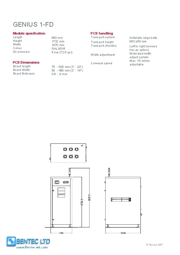 GENIUS 1 -FD PCB handling Module specifcation Length Height Width Colour Air pressure 650