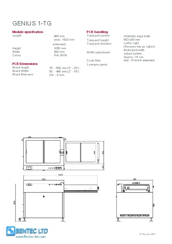 GENIUS 1 -TG Module specifcation Length Height Width Colour PCB handling 995 mm (max.