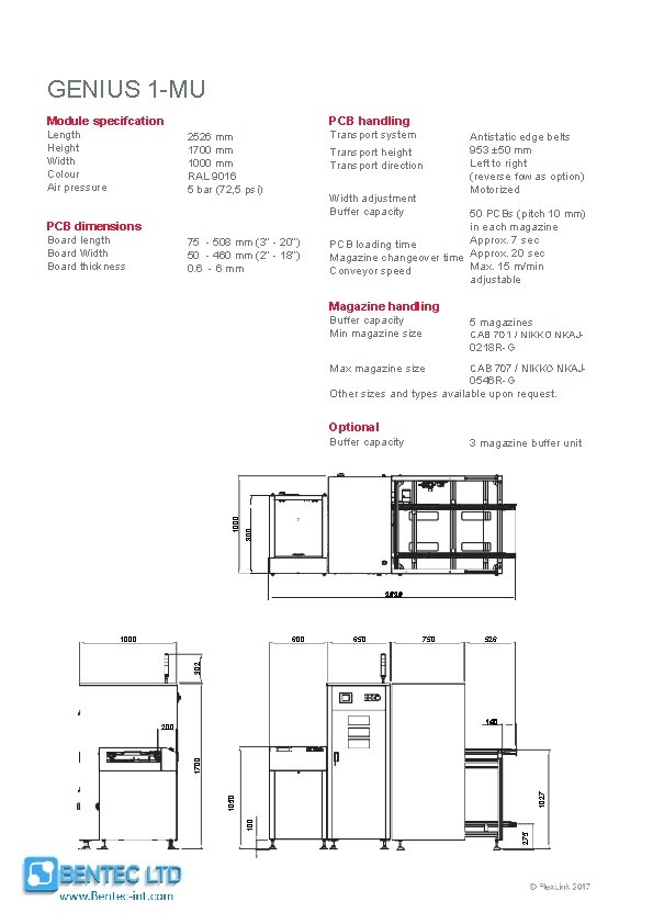 GENIUS 1 -MU PCB handling Module specifcation Length Height Width Colour Air pressure Transport