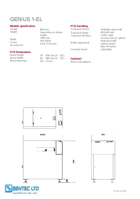 GENIUS 1 -EL Module specifcation Length Height Width Colour Air pressure PCB handling Transport