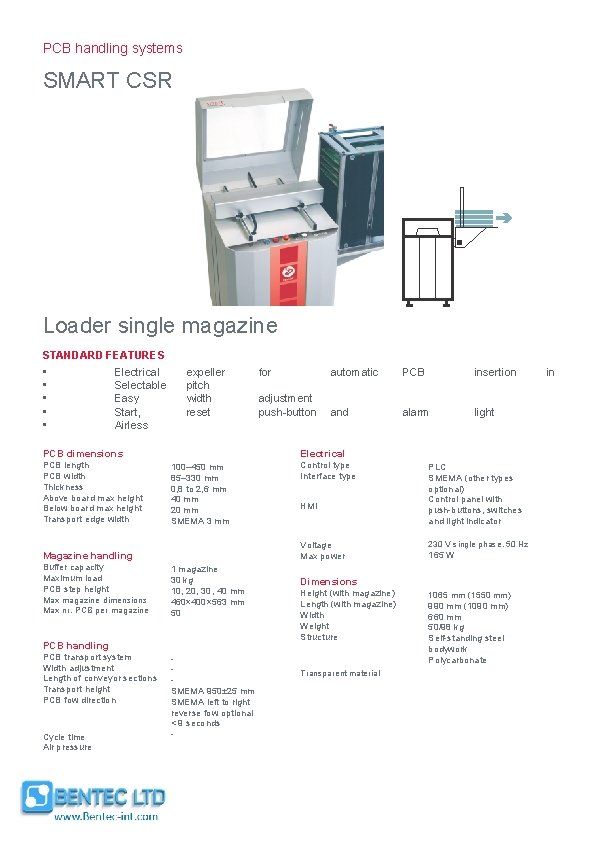 PCB handling systems SMART CSR Loader single magazine STANDARD FEATURES • • • Electrical