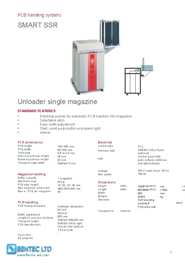 PCB handling systems SMART SSR Unloader single magazine STANDARD FEATURES • • • Electrical