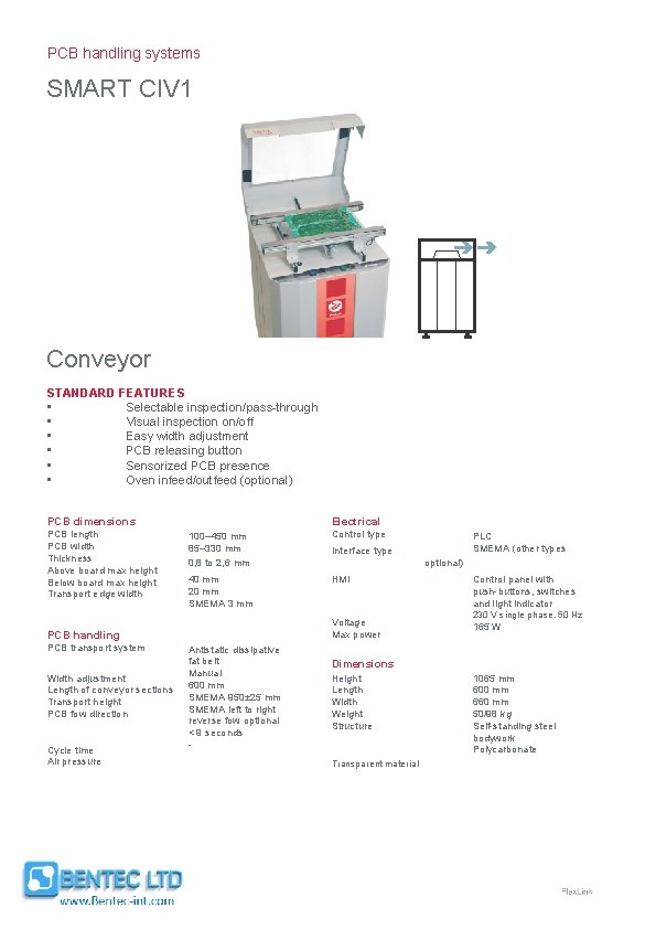 PCB handling systems SMART CIV 1 Conveyor STANDARD FEATURES • Selectable inspection/pass-through • Visual
