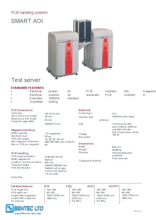 PCB handling systems SMART AOI Test server STANDARD FEATURES • Electrical • Extended •