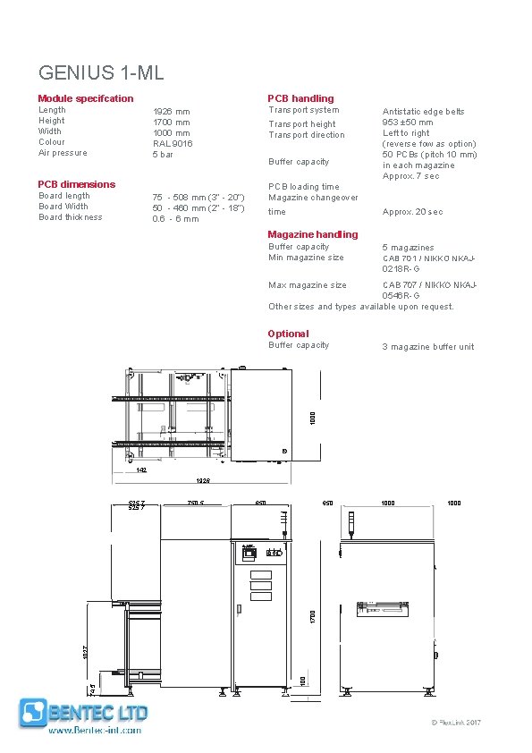 GENIUS 1 -ML PCB handling Module specifcation Length Height Width Colour Air pressure Transport
