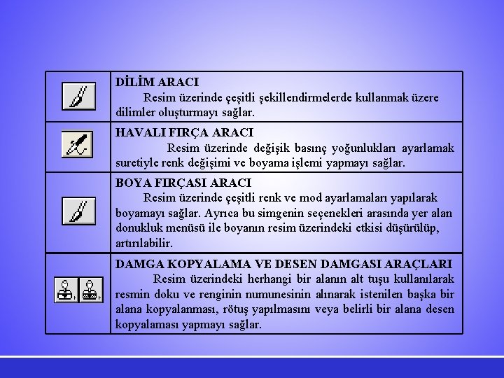 DİLİM ARACI Resim üzerinde çeşitli şekillendirmelerde kullanmak üzere dilimler oluşturmayı sağlar. HAVALI FIRÇA ARACI