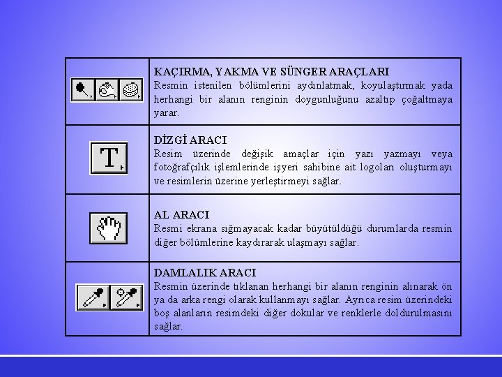 KAÇIRMA, YAKMA VE SÜNGER ARAÇLARI Resmin istenilen bölümlerini aydınlatmak, koyulaştırmak yada herhangi bir alanın