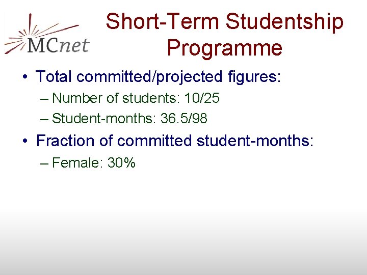 Short-Term Studentship Programme • Total committed/projected figures: – Number of students: 10/25 – Student-months: