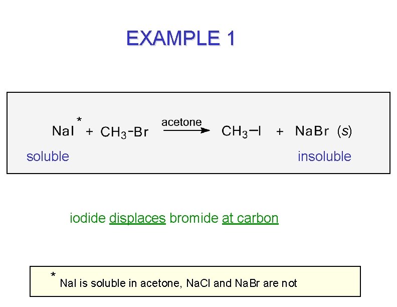EXAMPLE 1 * soluble (s) insoluble iodide displaces bromide at carbon * Na. I