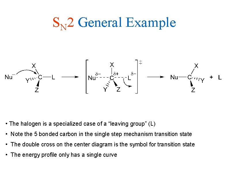 SN 2 General Example • The halogen is a specialized case of a “leaving
