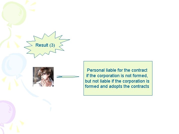 Result (3) Personal liable for the contract if the corporation is not formed, but