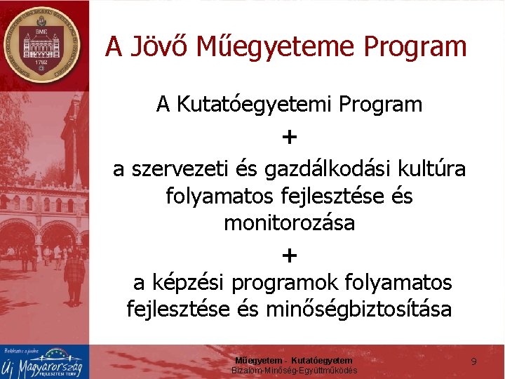 A Jövő Műegyeteme Program A Kutatóegyetemi Program + a szervezeti és gazdálkodási kultúra folyamatos