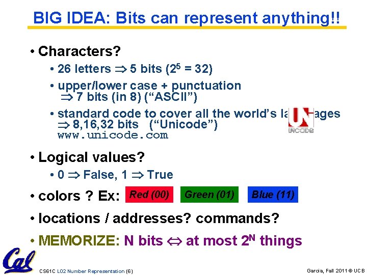 BIG IDEA: Bits can represent anything!! • Characters? • 26 letters 5 bits (25