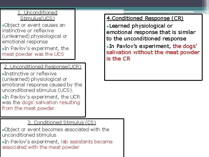1. Unconditioned Stimulus(UCS) n. Object or event causes an instinctive or reflexive (unlearned) physiological