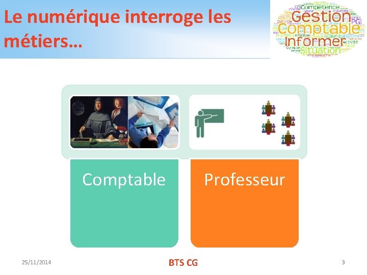 Le numérique interroge les métiers… Comptable 25/11/2014 Professeur BTS CG 3 