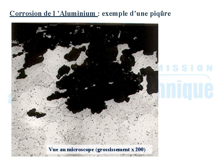 Corrosion de l ’Aluminium : exemple d’une piqûre Vue au microscope (grossissement x 200)