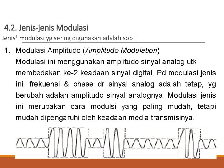 4. 2. Jenis-jenis Modulasi Jenis 2 modulasi yg sering digunakan adalah sbb : 1.