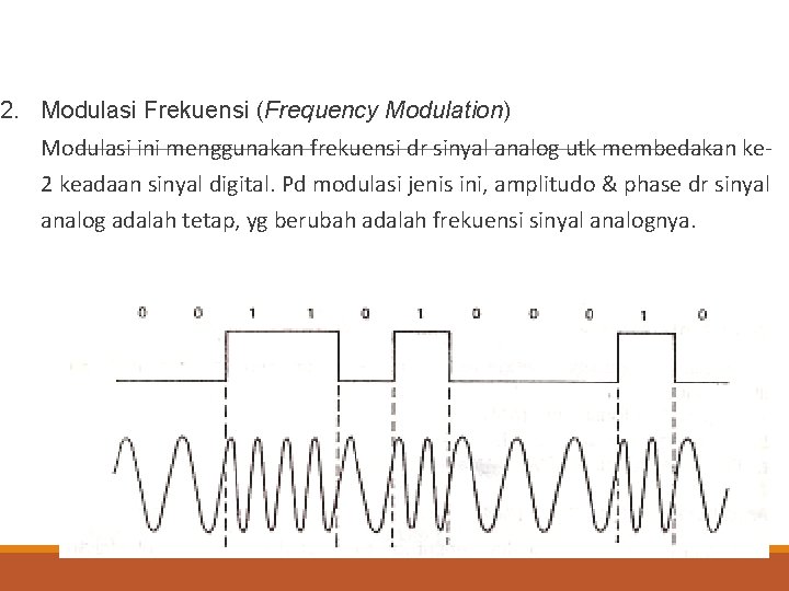2. Modulasi Frekuensi (Frequency Modulation) Modulasi ini menggunakan frekuensi dr sinyal analog utk membedakan
