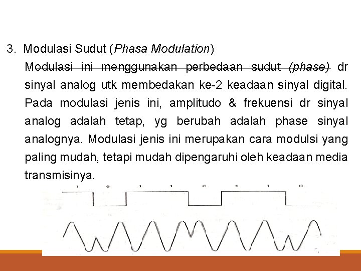3. Modulasi Sudut (Phasa Modulation) Modulasi ini menggunakan perbedaan sudut (phase) dr sinyal analog
