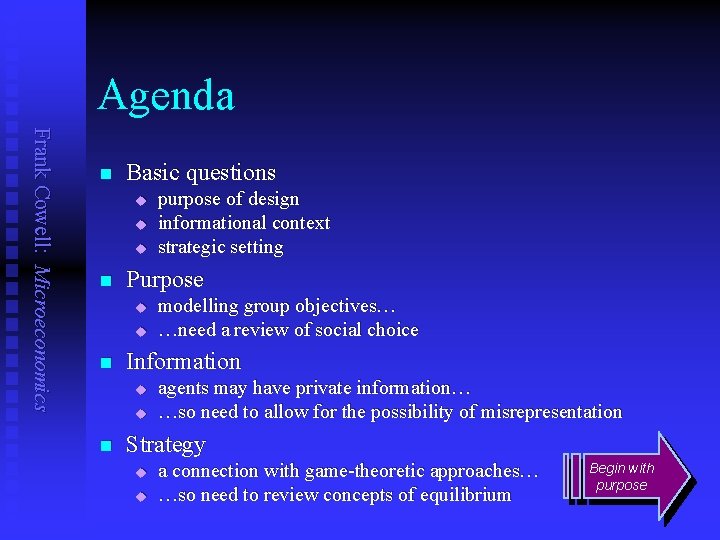 Agenda Frank Cowell: Microeconomics n Basic questions u u u n Purpose u u