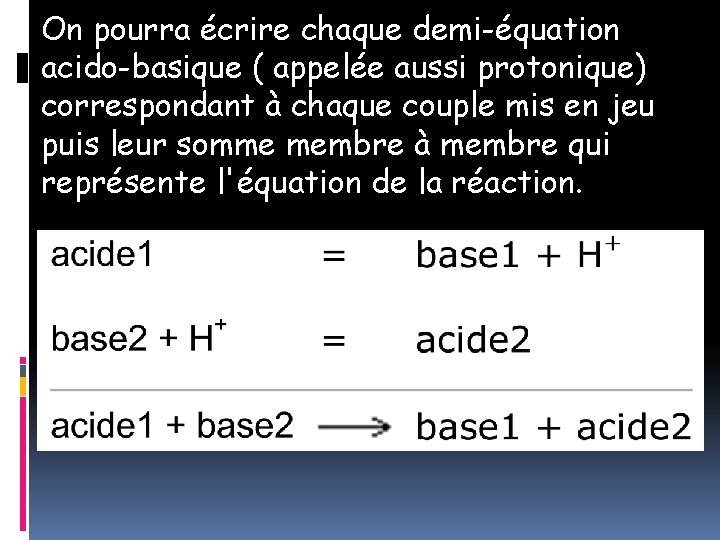 On pourra écrire chaque demi-équation acido-basique ( appelée aussi protonique) correspondant à chaque couple