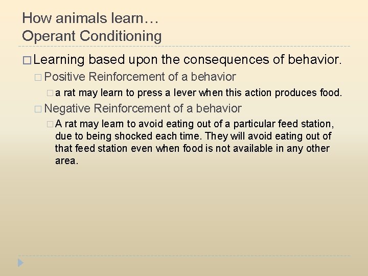 How animals learn… Operant Conditioning � Learning � Positive �a based upon the consequences
