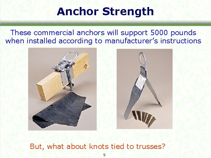 Anchor Strength These commercial anchors will support 5000 pounds when installed according to manufacturer’s