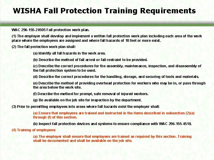 WISHA Fall Protection Training Requirements WAC 296 -155 -24505 Fall protection work plan. (1)